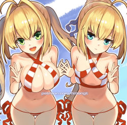 Rule 34 | 2girls, :d, ahoge, artoria pendragon (all), artoria pendragon (fate), bikini, blue eyes, blush, breasts, cleavage, cosplay, fate (series), flat chest, green eyes, hair intakes, halterneck, hm (hmongt), long hair, multiple girls, navel, nero claudius (fate), nero claudius (fate) (all), nero claudius (swimsuit caster) (fate), nero claudius (swimsuit caster) (fate) (cosplay), open mouth, outdoors, saber (fate), side-tie bikini bottom, skindentation, smile, striped bikini, striped clothes, swimsuit, twintails, watermark, web address