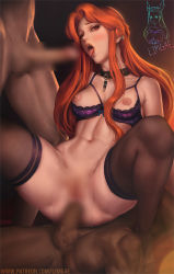 Rule 34 | 1girl, 2boys, abs, anal, arm support, bottomless, breast cutout, breasts, castlevania (series), censored, collar, collarbone, dark-skinned male, dark skin, erection, fangs, girl on top, group sex, head out of frame, hetero, lenore (castlevania), limgae, long hair, lying, mmf threesome, multiple boys, navel, nipples, open mouth, pale skin, penis, pussy, red eyes, red hair, sex, spitroast, spread legs, standing, teeth, testicles, thighhighs, threesome, tongue, tongue out