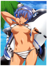 Rule 34 | 1girl, absurdres, animal ears, bikini, bikini top lift, blue hair, breasts, cat ears, cat tail, clothes lift, day, goggles, goggles on head, halterneck, highres, inflatable orca, inflatable toy, large breasts, lifted by self, long hair, looking at viewer, navel, original, purple eyes, seductive smile, shironeko sanbou, side-tie bikini bottom, smile, solo, striped bikini, striped clothes, swimsuit, tail, tan, tanline, tiger ears, tiger tail, twintails, underboob