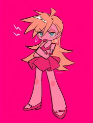 Rule 34 | 1girl, :p, blonde hair, blue eyes, bright pupils, crossed arms, dress, earrings, eyelashes, hair between eyes, half-closed eyes, high heels, highres, hoop earrings, jewelry, long hair, menma (enaic31), nail polish, no nose, no socks, panty &amp; stocking with garterbelt, panty (psg), pink background, pink theme, red nails, short dress, simple background, solo, standing, tongue, tongue out, very long hair
