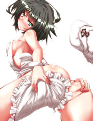 Rule 34 | 1girl, apron, ass, ass grab, bare shoulders, black hair, blush, breasts, commentary request, covering privates, covering crotch, frills, grabbing own ass, green eyes, hands on ass, hat, unworn hat, unworn headwear, highres, large breasts, looking at viewer, looking back, murasa minamitsu, naked apron, partially visible vulva, sailor hat, sideboob, solo, touhou, wavy mouth, zan (harukahime)