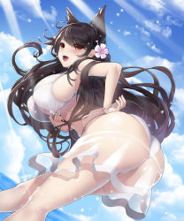 Rule 34 | 1girl, animal ears, ass, atago (azur lane), atago (summer march) (azur lane), atago (summer march) (azur lane), azur lane, bent over, bikini, bikini pull, black hair, bracelet, breasts, clothes pull, flower, hair flower, hair ornament, hand on own hip, happy, highres, jewelry, koflif, large breasts, looking at viewer, looking to the side, navel, official alternate costume, open mouth, see-through, see-through skirt, sideboob, skin tight, skindentation, skirt, smile, solo, swimsuit, tongue, water, white bikini