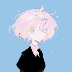 Rule 34 | 1other, :|, black necktie, blue background, blue eyes, blurry, bright pupils, chromatic aberration, closed mouth, depth of field, diamond (houseki no kuni), dot nose, expressionless, eyelashes, floating hair, flying teardrops, from side, gem uniform (houseki no kuni), hair between eyes, houseki no kuni, looking at viewer, looking to the side, necktie, other focus, pink hair, puffy sleeves, ronoh (jill), sad, short hair, simple background, solo, sparkle, tearing up, tears, upper body, white pupils, wing collar