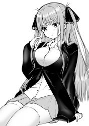 Rule 34 | 1girl, arm support, black cardigan, black ribbon, blunt bangs, blush, breasts, butterfly hair ornament, cardigan, closed mouth, go-toubun no hanayome, greyscale, hair ornament, twirling hair, highres, large breasts, looking away, monochrome, nail polish, nakano nino, psycho (psycho12412087), ribbon, shirt, sitting, skirt, sleeves past wrists, thick thighs, thighhighs, thighs, twintails, v-shaped eyebrows, white shirt, white thighhighs, zettai ryouiki