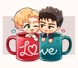 Rule 34 | 2boys, ao isami, black hair, blonde hair, blush, cheek-to-cheek, chibi, couple, cup, eye contact, facial hair, full body, heads together, heart, highres, in container, in cup, lewis smith, looking at another, male focus, mug, multiple boys, one eye closed, sideburns stubble, stubble, sumicco dc, thick eyebrows, yaoi, yuuki bakuhatsu bang bravern