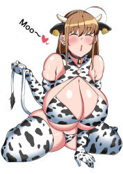 Rule 34 | 1girl, :o, ahoge, animal ears, animal print, bare shoulders, bell, breasts, brown hair, cleavage, closed eyes, collar, commentary request, cow ears, cow girl, cow print, cow print bikini, cow tail, cowbell, ear tag, elbow gloves, english text, gloves, highres, horns, huge ahoge, huge breasts, komusou (jinrikisha), long hair, looking at viewer, neck bell, ooba minori, original, print bikini, raised eyebrows, simple background, skindentation, tail, thick arms, thick thighs, thighhighs, thighs, white background