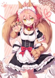 Rule 34 | absurdres, animal ear fluff, animal ears, animal hands, apron, arm cuffs, bell, black dress, blush, border, bow, breasts, claw pose, claws, cleavage, collar, commentary request, cross-laced clothes, dress, fangs, fate/extra, fate/grand order, fate (series), fox ears, fox girl, fox tail, gunjou row, hair between eyes, hair bow, hand on own hip, hand up, heart, heart of string, highres, jingle bell, looking to the side, maid headdress, medium breasts, neck bell, open mouth, paw print, paw print background, petticoat, pink hair, puffy short sleeves, puffy sleeves, red bow, red ribbon, ribbon, sash, short hair with long locks, short sleeves, sidelocks, solo, striped, striped background, tail, tamamo (fate), tamamo cat (fate), waist apron, white apron, white border, white bow, white ribbon, yellow eyes