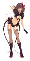 Rule 34 | 1girl, :d, arm behind head, arm up, bad id, bad pixiv id, black hair, boots, bow, breasts, cleavage, cleavage cutout, clothing cutout, crop top, cross-laced footwear, dear, frills, full body, gloves, groin, hair bow, hair ribbon, hand in own hair, heart, heart cutout, high heel boots, high heels, knee boots, large breasts, leaning, long hair, looking at viewer, michudx, midriff, mimosa haanesuto, navel, open mouth, platform footwear, red eyes, ribbon, see-through, see-through legwear, shiny skin, shoes, short hair, short shorts, shorts, showgirl skirt, signature, simple background, smile, solo, thighhighs, white background, yuz (eu414148)