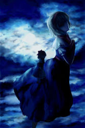 Rule 34 | 1girl, alice margatroid, blonde hair, blue theme, capelet, cloud, cloudy sky, day, doll, dress, female focus, flying, hidden eyes, japanese clothes, looking at viewer, monochrome, oisin, outdoors, shaded face, shanghai doll, short hair, size difference, sky, solo, sunlight, touhou