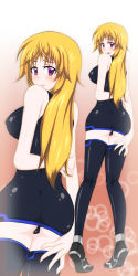 Rule 34 | 10s, 1girl, arms behind back, bare shoulders, black thighhighs, blonde hair, blush, bodysuit, breasts, charlotte dunois, dress, female focus, from behind, gradient background, infinite stratos, large breasts, long hair, long image, looking back, open mouth, panties, pilot suit, purple eyes, shoes, skin tight, solo, tall image, thighhighs, underwear, white background, zoom layer