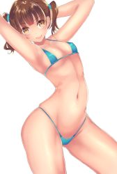 Rule 34 | 1girl, arms up, bad id, bad pixiv id, bikini, blue bikini, blush, breasts, brown eyes, brown hair, closed mouth, collarbone, kyara36, looking at viewer, micro bikini, navel, original, simple background, small breasts, smile, solo, swimsuit, thighs, twintails, white background