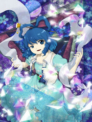 Rule 34 | 1girl, abstract background, aqua dress, blue background, blue eyes, blue hair, dress, feet out of frame, finger gun, finger gun to head, frilled dress, frills, hagoromo, hair ornament, hair rings, hair stick, half-closed eye, highres, kaku seiga, looking at viewer, medium hair, official style, open clothes, open mouth, open vest, parasite oyatsu, puffy short sleeves, puffy sleeves, shawl, short sleeves, solo, touhou, vest, white vest, zun (style)