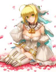Rule 34 | 1girl, absurdres, ahoge, bad id, bad pixiv id, bare shoulders, belt, blonde hair, breasts, chain, cleavage, detached collar, detached sleeves, elbow gloves, fate/extra, fate/extra ccc, fate/grand order, fate (series), flower wreath, full-length zipper, gloves, green eyes, hair between eyes, hair intakes, head wreath, highleg, highleg leotard, highres, kankitsurui (house of citrus), large breasts, leotard, lock, long hair, looking at viewer, loose belt, nero claudius (bride) (fate), nero claudius (bride) (second ascension) (fate), nero claudius (fate), nero claudius (fate) (all), padlock, petals, puffy sleeves, smile, solo, thighhighs, thighs, veil, white gloves, white leotard, white thighhighs, wide sleeves, zipper, zipper pull tab