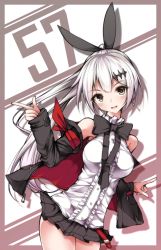 Rule 34 | 1girl, bow, breasts, brown eyes, cowboy shot, earrings, five-seven (girls&#039; frontline), girls&#039; frontline, hair ornament, jewelry, long hair, looking at viewer, mage (335656), medium breasts, miniskirt, off shoulder, ponytail, shirt, silver hair, skirt, sleeveless, sleeveless shirt, solo