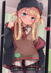 Rule 34 | 1girl, black hat, black jacket, black pantyhose, blonde hair, blue eyes, blush, bow, brown sweater, cabbie hat, closed mouth, collared shirt, commentary request, diagonal-striped clothes, diagonal-striped necktie, fang, fang out, hair bow, hair rings, hat, highres, jacket, long sleeves, looking at viewer, mirror, necktie, off shoulder, open clothes, open jacket, original, pantyhose, pantyhose under shorts, plaid, plaid shorts, puffy long sleeves, puffy sleeves, red bow, red necktie, reflection, shirt, short shorts, shorts, smile, solar milk, solo, standing, striped clothes, striped shirt, sweater, two side up, vertical-striped clothes, vertical-striped shirt