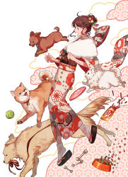 Rule 34 | 1girl, bowl, brown eyes, brown hair, chinese zodiac, dog, highres, japanese clothes, kimono, original, pet bowl, sonomura, year of the dog