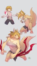 Rule 34 | 1boy, 1girl, angry, animal ears, black sclera, blonde hair, blue eyes, body fur, breasts, colored sclera, costom10, closed eyes, fighting stance, fox ears, fox tail, furrification, furry, gender transformation, genderswap, genderswap (mtf), grey background, highres, original, sequential, simple background, strapless, tail, torn clothes, transformation, tube top, underboob