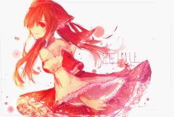 Rule 34 | 1girl, artist name, bow, character name, detached sleeves, framed, frilled skirt, frills, hair bow, hair over one eye, hakurei reimu, lace, lace-trimmed hair ornament, lace-trimmed shirt, lace-trimmed skirt, lace-trimmed sleeves, lace trim, light, long hair, looking at viewer, looking back, paint splatter, red eyes, red skirt, red theme, ribbon-trimmed sleeves, ribbon trim, shirt, sidelocks, skirt, sleeveless, smile, solo, tokyo (artist), touhou, white background