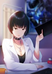 Rule 34 | 1girl, absurdres, black hair, black shirt, book, brown eyes, choker, cleavage cutout, closed mouth, clothing cutout, collar, cup, curtains, dated, desk, highres, jewelry, keyboard (computer), lab coat, mug, necklace, persona, persona 5, raise094, shirt, short hair, smile, solo, studded choker, studded collar, table, takemi tae