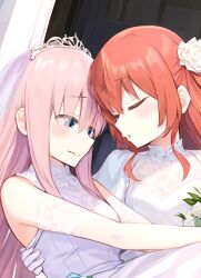 Rule 34 | 2girls, ai-assisted, blue eyes, bocchi the rock!, bridal veil, carrying, closed eyes, commentary request, dress, flower, gotoh hitori, hair flower, hair ornament, highres, kadohusa ginpo, kita ikuyo, long hair, multiple girls, pink hair, princess carry, red hair, tiara, veil, wavy mouth, wedding, wedding dress, wife and wife, yuri