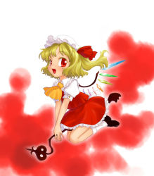 Rule 34 | 1girl, bad id, bad pixiv id, between thighs, blonde hair, bobby socks, embodiment of scarlet devil, fangs, female focus, flandre scarlet, flying, full body, hat, kiriu, laevatein, loafers, open mouth, red eyes, ribbon, riding, shoes, short hair, smile, socks, solo, thighs, touhou, v arms, vampire, wings