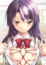 Rule 34 | 1girl, absurdres, bdsm, blush, bondage, bound, bow, bowtie, breasts, brown eyes, chair, chalkboard, closed mouth, collarbone, desk, highres, indoors, long hair, looking at viewer, nagomiya, nipples, no bra, open clothes, open shirt, purple hair, red bow, red bowtie, rope, school desk, school uniform, shibari, shibari under clothes, shirt, small breasts, smile, solo, upper body