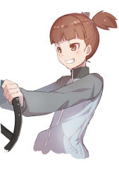 Rule 34 | 10s, 1girl, blunt bangs, brown eyes, brown hair, commentary request, girls und panzer, grey jacket, grin, jacket, meth (emethmeth), mikko (girls und panzer), short twintails, simple background, sketch, smile, solo, steering wheel, track jacket, twintails, upper body, white background