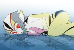Rule 34 | 1girl, ao no roku-gou, ao no roku-gou, breasts, colored skin, highres, looking at viewer, lying, monster girl, mutio, on side, partially submerged, pointy ears, red eyes, sat-c, silver hair, simple background, small breasts, solo, water, yellow skin