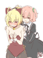 Rule 34 | 2girls, andou tazusa, animal ears, artist name, assault lily, bare shoulders, behind another, bell, black ribbon, black skirt, blonde hair, blush, breasts, brown pantyhose, buttons, cat ears, cleavage, clenched hands, closed mouth, clover hair ornament, collar, collarbone, commentary request, covered navel, cowboy shot, cropped jacket, embarrassed, fake animal ears, four-leaf clover hair ornament, frilled skirt, frills, gochisousama (tanin050), groin, hair between eyes, hair ornament, hair ribbon, half-closed eyes, hands on another&#039;s shoulders, hands up, high-waist skirt, highres, hitotsuyanagi riri, jingle bell, juliet sleeves, large breasts, leotard, long sleeves, looking at another, looking away, miniskirt, multiple girls, neck bell, neck ribbon, nontraditional playboy bunny, nose blush, one side up, own hands together, pantyhose, parted lips, pink eyes, pink hair, ponytail, puffy sleeves, red collar, red eyes, red leotard, ribbon, school uniform, shaded face, side-tie leotard, simple background, skirt, smile, strapless, strapless leotard, sweat, white background, wrist cuffs, yuri, yurigaoka girls academy school uniform