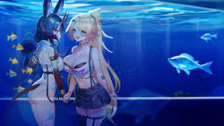 Rule 34 | 2girls, animal ears, aquarium, arm tattoo, ass, bipsygg, black bra, black hair, black skirt, blonde hair, blue eyes, bra, breasts, camisole, choker, cleavage, collarbone, commission, crop top, crystal, fang, fish, gloves, gradient hair, hair between eyes, hair ornament, highres, holding hands, horns, indie virtual youtuber, jewelry, kaiend, large breasts, leotard, long hair, midriff, millennium ring, multicolored hair, multiple girls, navel, necklace, obkatiekat, oni horns, open mouth, pink hair, ponytail, red eyes, reflection, shark, shirt, short hair, single thighhigh, skirt, suspender skirt, suspenders, tattoo, thigh strap, thighhighs, underwear, virtual youtuber, water, white camisole, white gloves, white leotard, white shirt, yu-gi-oh!