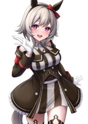 Rule 34 | 1girl, :d, bare shoulders, black jacket, blush, bow, breasts, commentary, curren chan (umamusume), dress, ear bow, frilled jacket, frills, gloves, grey hair, hand up, highres, horse girl, jacket, long sleeves, looking at viewer, medium breasts, off-shoulder jacket, off shoulder, open mouth, purple eyes, red bow, simple background, sleeveless, sleeveless dress, smile, solo, striped clothes, striped dress, thighhighs, umamusume, vertical-striped clothes, vertical-striped dress, white background, white gloves, ym (distance819)