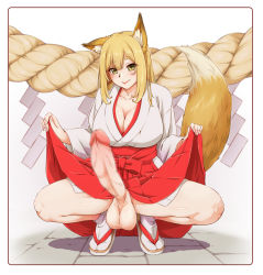 Rule 34 | 1girl, animal ears, blonde hair, blush, breasts, censored, cleavage, clothes lift, dress, dress lift, erection, fox ears, fox tail, full-package futanari, futanari, highres, huge penis, japanese clothes, kujya, large breasts, lifted by self, long hair, looking at viewer, miko, no panties, original, penis, sandals, smile, solo, squatting, tail, testicles, yellow eyes