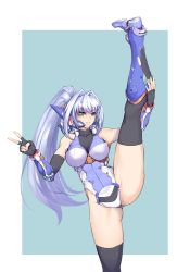 Rule 34 | 1girl, android, black gloves, blue hair, breasts, depo (typebaby505), fingerless gloves, gloves, highres, large breasts, long hair, looking at viewer, mecha musume, original, ponytail, smile, solo, split, standing, standing on one leg, standing split, v