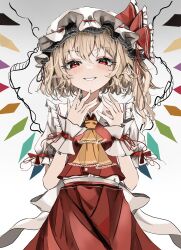 Rule 34 | 1girl, absurdres, ascot, blonde hair, blush, collared shirt, crystal, flandre scarlet, grin, hat, highres, long hair, looking at viewer, mob cap, one side up, orange ascot, ougiikun, pointy ears, red eyes, red skirt, shirt, short sleeves, simple background, skirt, smile, solo, touhou, white background, white hat, white shirt, wings, wrist cuffs