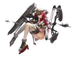 Rule 34 | 1girl, aircraft, aircraft carrier, airplane, artist name, bald eagle, bird, bow (weapon), braid, braided ponytail, breasts, bsapricot, cleavage, compound bow, eagle, fang, fighter jet, green eyes, hat, highres, jet, kantai collection, military, military vehicle, miniskirt, navel, original, peaked cap, red hair, ship, simple background, single braid, skirt, solo, twitter username, united states navy, uss george h.w. bush (cvn-77), warship, watercraft, weapon, white background