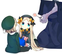 Rule 34 | 2girls, abigail williams (fate), babe (fate), beret, black bow, black dress, black hat, blonde hair, blue eyes, bow, candy, dress, fate/grand order, fate (series), food, forehead, gilles de rais (caster) (fate), gloves, hair bow, hat, holding, holding stuffed toy, lollipop, long hair, multiple girls, orange bow, overalls, pantyhose, parted bangs, paul bunyan (fate), polka dot, polka dot bow, short hair, sleeves past wrists, stuffed animal, stuffed toy, ume (pickled plum), yellow eyes