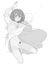Rule 34 | 1boy, androgynous, arm up, bag, bar censor, blush, censored, clothes lift, dress, dress lift, frilled sleeves, frills, greyscale, hair ornament, hairclip, highres, holding, holding bag, medium hair, monochrome, navel, open mouth, original, penis, pouch, short sleeves, simple background, slippers, solo, survival yaiba, sweat, testicles, trap