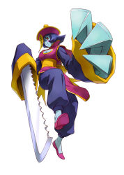 Rule 34 | 1girl, artist request, blue skin, blush stickers, breasts, capcom, chinese clothes, claws, cleavage, cleavage cutout, clothing cutout, colored skin, flipped hair, hat, huge weapon, jiangshi, lei lei, medium breasts, official art, ofuda, project x zone, purple hair, qingdai guanmao, red eyes, saw, short hair, smile, solo, vampire (game), weapon
