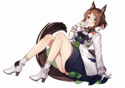 Rule 34 | 1girl, absurdres, animal ears, black shirt, black skirt, bloomers, blush, boots, brown hair, chan hone pkpk, closed mouth, collared shirt, fine motion (umamusume), full body, gloves, green bloomers, green eyes, green vest, hair bun, hand to own mouth, hand up, high heel boots, high heels, highres, horse ears, horse girl, horse tail, jacket, knees up, long sleeves, looking at viewer, multicolored hair, open clothes, open jacket, pleated skirt, shirt, simple background, single hair bun, sitting, skirt, smile, socks, solo, tail, two-tone hair, umamusume, underwear, vest, white background, white footwear, white gloves, white hair, white jacket, white socks