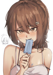 1girl absurdres bare_shoulders black_bra black_choker bra breasts brown_eyes brown_hair choker cleavage dir4ct_c food food_in_mouth hair_between_eyes hair_ornament hairclip high_ponytail highres holding holding_food holding_popsicle light_blush long_hair looking_at_viewer medium_breasts minakami_yuki off_shoulder parted_lips polka_dot polka_dot_background popsicle popsicle_in_mouth shirt simple_background single_off_shoulder sleeveless sleeveless_shirt smile solo subarashiki_hibi underwear upper_body white_background white_shirt yuuki_tomosane