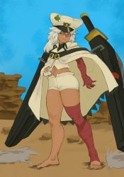 Rule 34 | 1girl, absurdres, cloak, dark-skinned female, dark skin, feet, female focus, guilty gear, guilty gear strive, hat, highres, midriff, ramlethal valentine, shirt, shorts, solo, sword, taped arms, taped legs, wakaburger, weapon, white hair