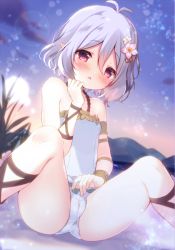 Rule 34 | 1girl, antenna hair, bare shoulders, blue sky, blush, breasts, cameltoe, casual one-piece swimsuit, cloud, commentary request, flower, hair between eyes, hair flower, hair ornament, hand up, knees up, kokkoro (princess connect!), kokkoro (summer) (princess connect!), looking at viewer, one-piece swimsuit, outdoors, parted lips, pink flower, pointy ears, princess connect!, red eyes, shiratama (shiratamaco), silver hair, sitting, sky, small breasts, solo, spread legs, sunset, swimsuit, water, white flower, white one-piece swimsuit