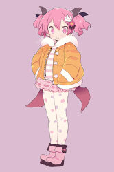 Rule 34 | 1girl, black wings, blade (galaxist), blush, boots, breath, cat hair ornament, closed mouth, demon girl, emelia pris, flower, full body, fur-trimmed jacket, fur trim, hair flower, hair ornament, hands in pockets, head wings, jacket, looking at viewer, open clothes, open jacket, orange jacket, pink eyes, pink flower, pink footwear, pink hair, pink skirt, pop-up story, print thighhighs, purple background, shirt, short hair, simple background, skirt, smile, solo, standing, striped clothes, striped shirt, thighhighs, twintails, white thighhighs, wings