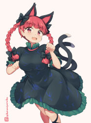 Rule 34 | 1girl, animal ears, black bow, black dress, bow, braid, breasts, brown background, cat ears, cat girl, cat tail, dress, feet out of frame, frilled dress, frills, hair bow, kaenbyou rin, kuromiya, long hair, medium breasts, multiple tails, one-hour drawing challenge, paw pose, puffy short sleeves, puffy sleeves, red eyes, red hair, short sleeves, simple background, solo, standing, tail, touhou, twin braids, twintails, twitter username, two tails