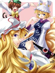 Rule 34 | 3girls, animal ears, arms up, blonde hair, blue eyes, bow, breasts, brown hair, cat ears, cat girl, cat tail, chen, earrings, fang, female focus, fox tail, gap (touhou), hat, heart, highres, jewelry, long hair, multiple girls, multiple tails, outstretched arms, purple eyes, red eyes, ribbon, shiromiza kana, short hair, siromiza, smile, spread arms, tail, touhou, yakumo ran, yakumo yukari