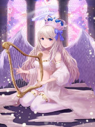 Rule 34 | 1girl, angel, angel wings, arm garter, bare shoulders, blue eyes, blue ribbon, bra, breasts, cleavage, cloak, crown, dew (7302235), hair ribbon, halo, harp, indoors, instrument, lace, lace bra, light particles, light rays, lips, long hair, looking at viewer, midriff, off shoulder, original, over-kneehighs, parted lips, ribbon, silver hair, sitting, skirt, small breasts, solo, stained glass, sunbeam, sunlight, thighhighs, underwear, wariza, white cloak, white skirt, white thighhighs, window, wings