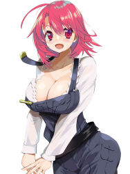 Rule 34 | 1girl, ahoge, blush, breasts, cleavage, collarbone, cow girl (goblin slayer!), dot nose, female focus, goblin slayer!, highres, large breasts, looking at viewer, open mouth, own hands together, red eyes, red hair, shiny skin, short hair, simple background, smile, solo, white background