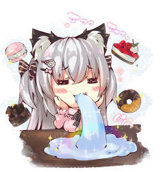 Rule 34 | 1girl, = =, animal ear fluff, animal ears, black bow, blush stickers, bow, breasts, cat ears, chibi, closed eyes, commentary request, doughnut, food, fruit, grey hair, hair between eyes, hair bow, hands on own face, hands up, large breasts, long hair, long sleeves, macaron, meme, ooji cha, original, oziko (ooji cha), pink sweater, puffer fish vomiting water (meme), rainbow, ribbed sweater, saliva, solo, sparkle, strawberry, striped, striped bow, sweater, table, translation request, two side up, very long hair