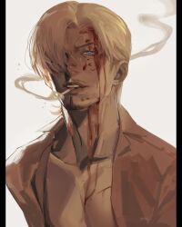 Rule 34 | 1boy, bishounen, blonde hair, blood, blood on face, blue eyes, cigar, cigarette, curly eyebrows, facial hair, hair over one eye, highres, male focus, one piece, sanji (one piece), shirt, smile, smoke, smoking, solo
