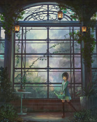 Rule 34 | 1girl, black hair, black thighhighs, feel (nasitaki), green skirt, highres, looking at viewer, original, plant, potted plant, red eyes, short hair, skirt, solo, table, thighhighs, watering can, window